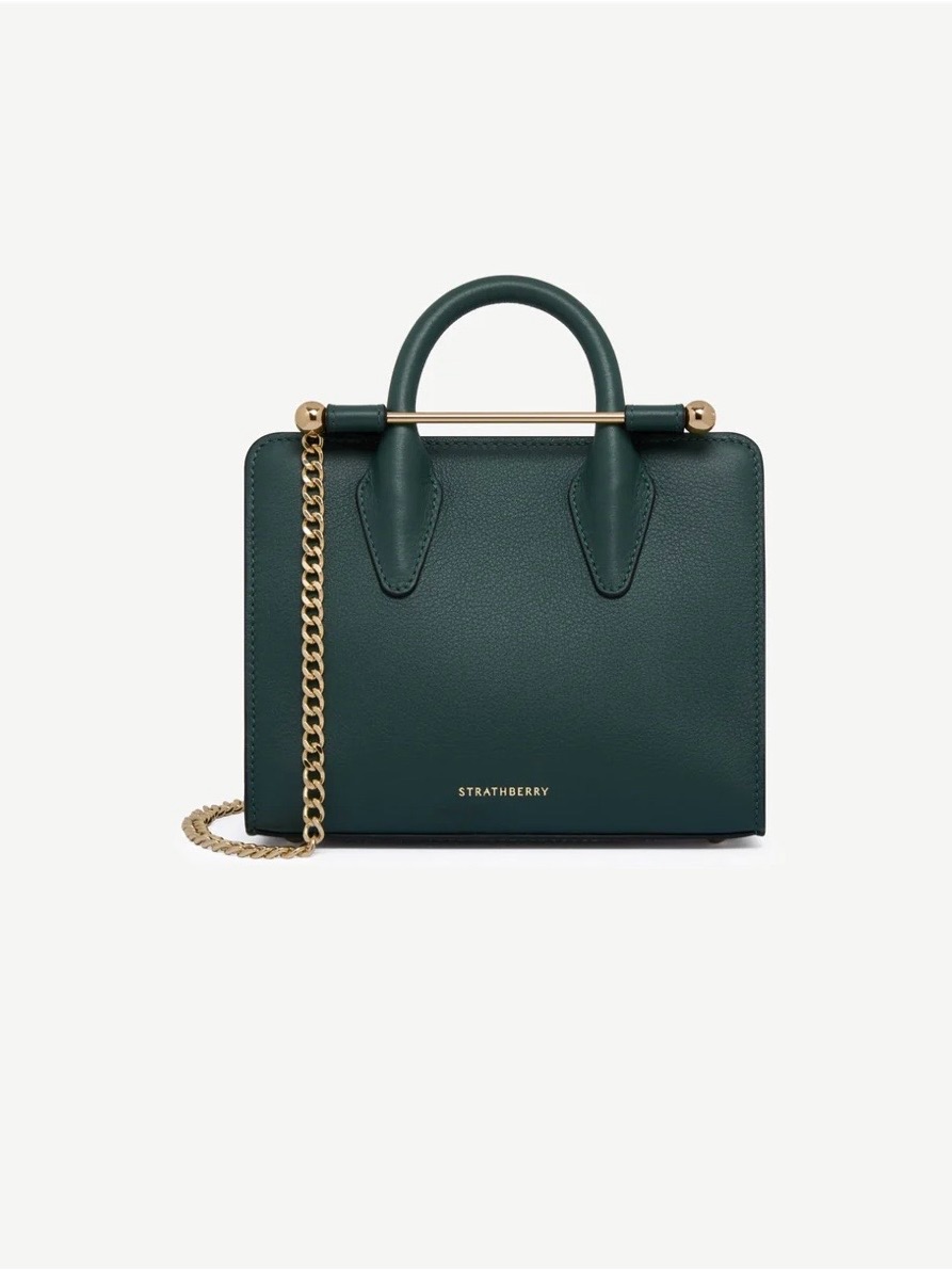 Strathberry Forest Green Structured Top-Handle Nano Tote With Gold Chain